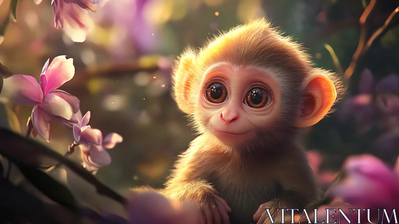 Wide-eyed infant monkey rendered with shallow depth of field bokeh