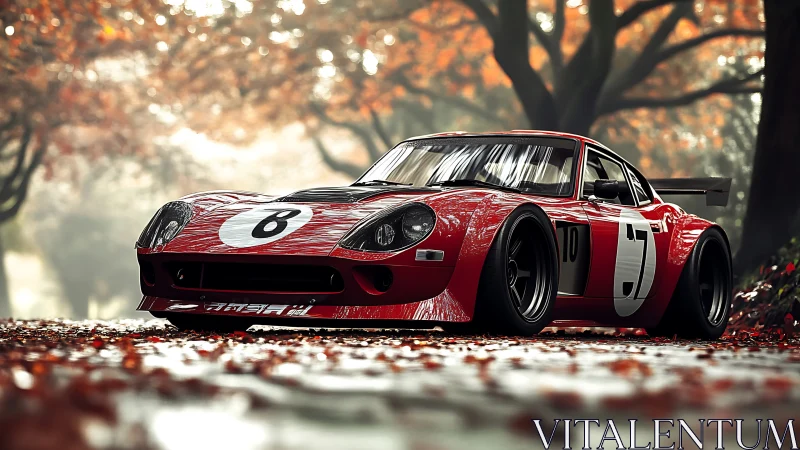 Autumn track legend idles low beneath flaming forest canopy.