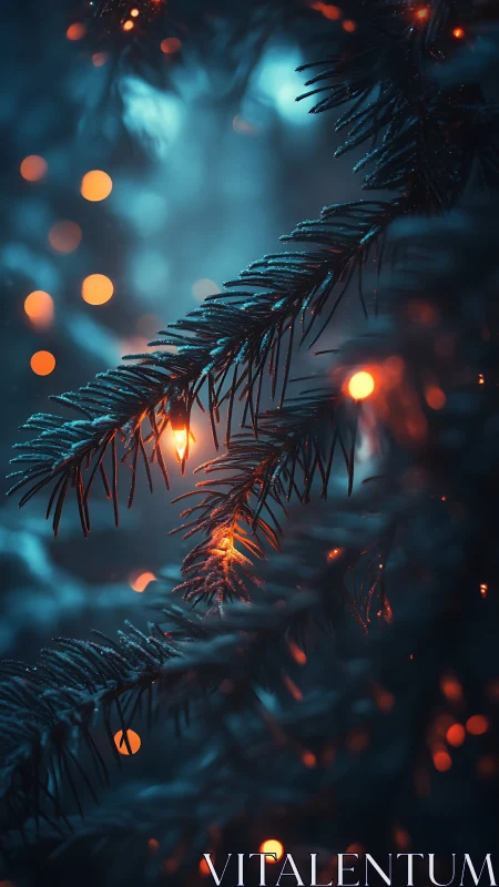 Winter evergreen lights glowing softly in deep blue dusk.