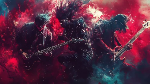 Electric rock trio in explosive red cyan digital painting storm