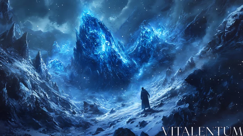 Lone wanderer crossing a stormlit valley of radiant ice.