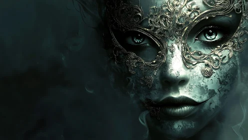Moonlit masked muse emerging from swirling twilight shadows.