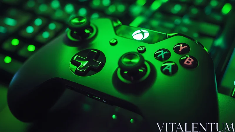 Xbox controller on illuminated keyboard in green light.