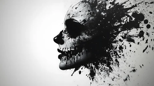 Ink-splatter skull profile merging portrait and void.