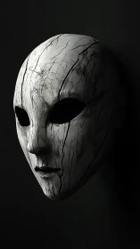 Cracked white theatrical mask rendered with stark chiaroscuro lighting