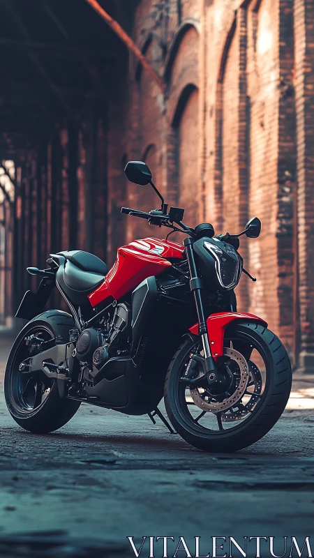 Red streetfighter motorcycle under urban brick arches.