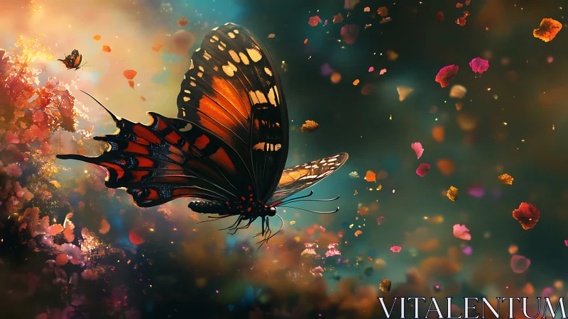 Vibrant butterfly with petals swirling in dreamy sky.