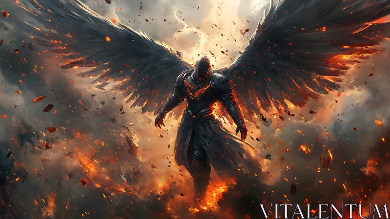 Armored seraph in eruptive firestorm with ablating shadow wings.