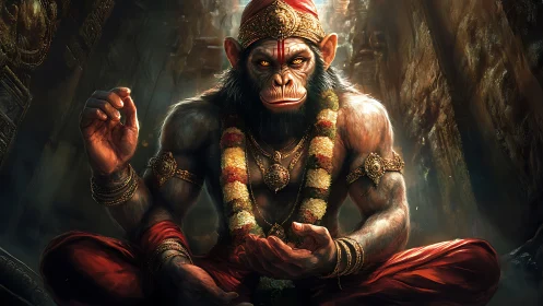 Digital painting of divine simian warrior in temple chiaroscuro.