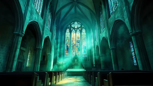 Sunlit quiet in a glowing stained glass cathedral interior.