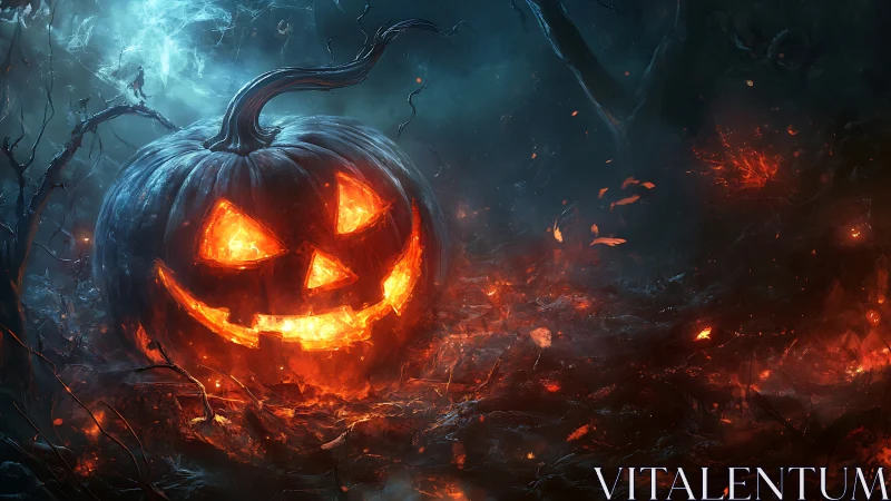 Digital painting of infernal jack o&rsquo;lantern in burning grove.