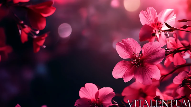 Magenta Blossoms in Bokeh Light with Depth of Field Rendering