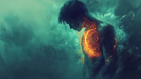 Volumetric silhouette with molten thoracic core illumination.