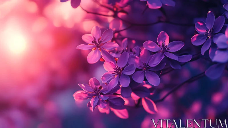 Purple and pink flowers bloom in ethereal neon light.