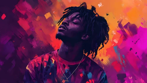 Portrait in neon brushstrokes captures ecstatic stillness.