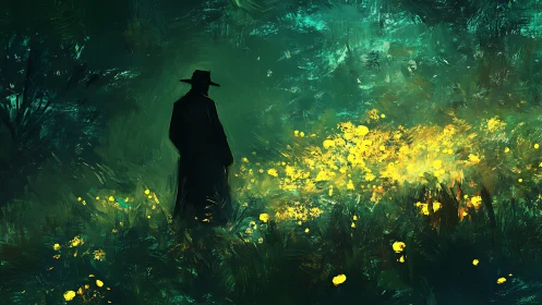 Solitary figure beside glowing yellow wildflower field at dusk.