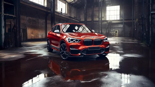 Sleek red SUV glowing with confidence in a moody warehouse.