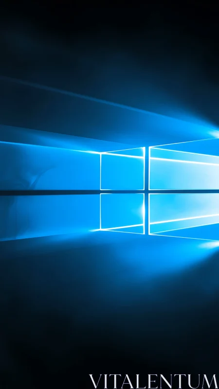 Luminous blue window grid casting beams across darkness.