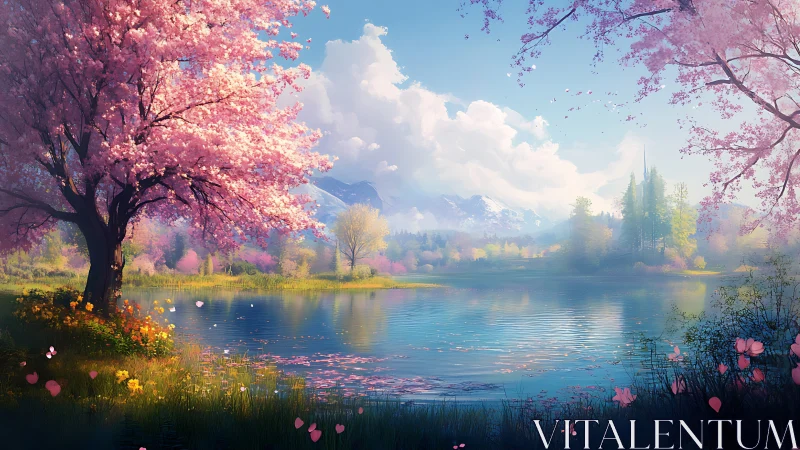 Blossoming cherry trees frame a tranquil mountain lake scene.