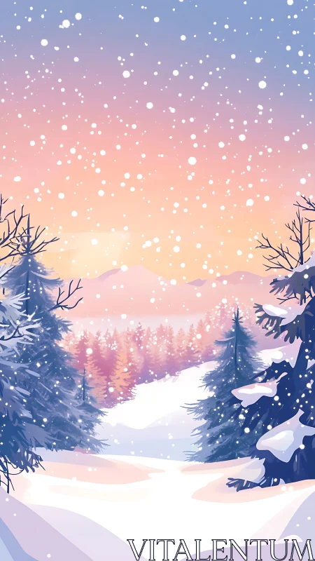 Gradient winter conifer valley under diffuse snowfall field.