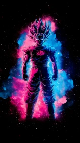 Cosmic warrior ignites neon galaxies in silent defiance.