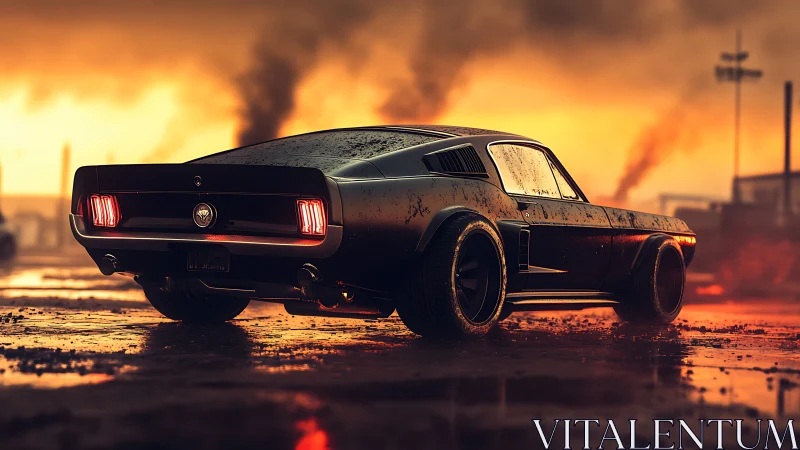 Aggressively tuned classic muscle car rendered in cinematic backlit mud