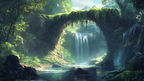 Ancient mossy stone bridge spans luminous forest waterfalls.