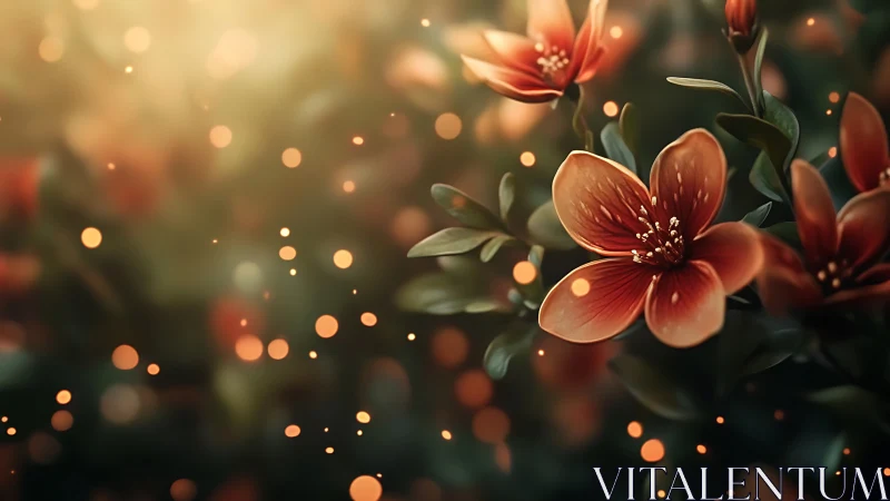 Red Flowers with Golden Bokeh Particles in Soft Focus