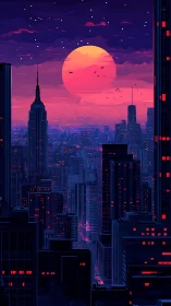 Digital cityscape depicts dense skyline under large setting sun
