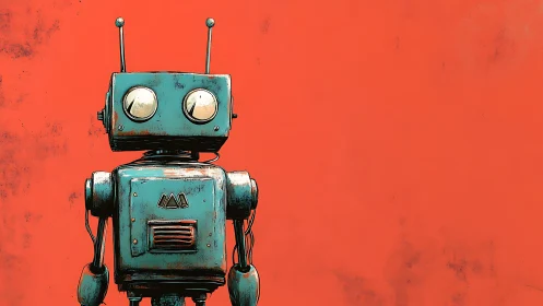 Weathered teal box robot on distressed orange backdrop
