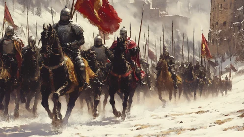 Armored cavalry storms the winter pass in a crimson surge