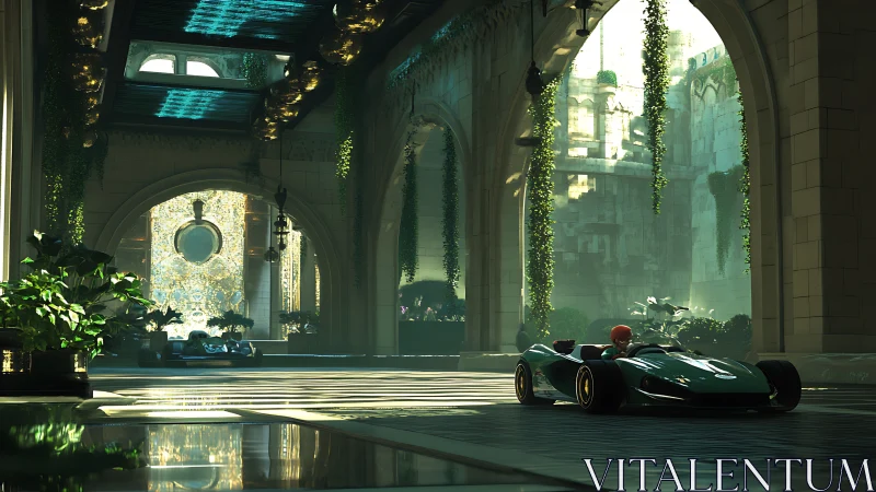 Futuristic race cars glide through sunlit neo-classical arcade