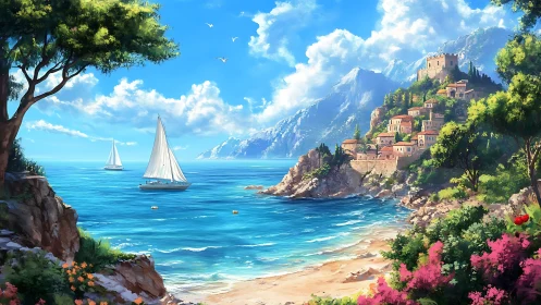 Coastal village and sailboats sit beneath bright blue sky