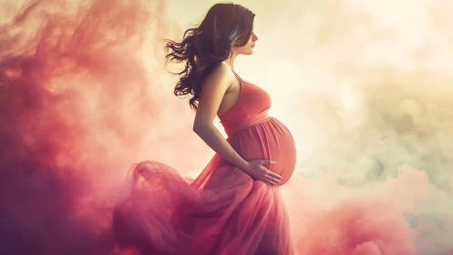 Graceful pregnant profile framed by ethereal color clouds