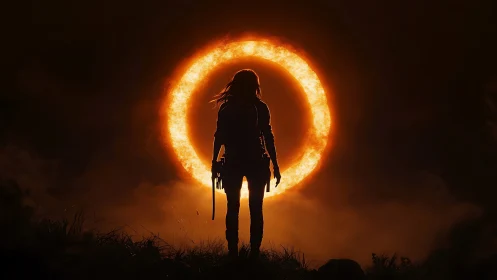 Silhouetted wanderer confronting blazing celestial ring.