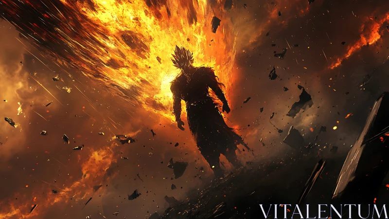 Flaming dark warrior strides through erupting inferno