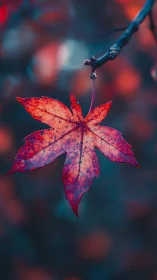 Macro view of single red maple leaf on blurred background.