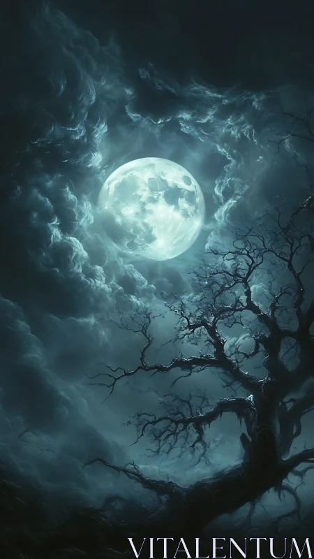 Full moon illuminates twisted tree silhouette against dense clouds