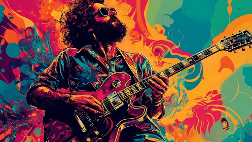 Psychedelic chroma-field guitarist in high-saturation vector flux.