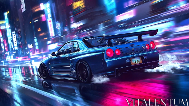Tuned blue sports coupe drifting neon city street at night