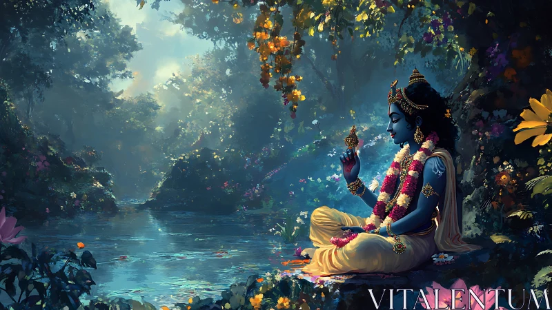 Divine blue figure meditates beside a luminous forest river.