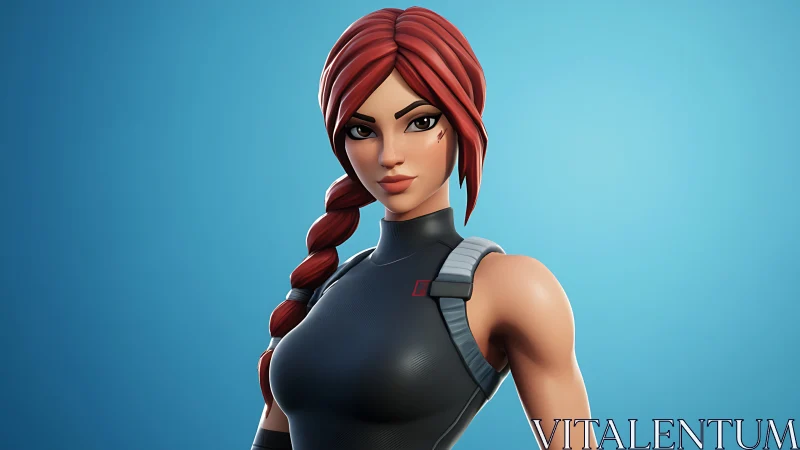 3D red haired game heroine in tactical black suit portrait.