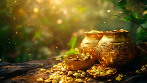 Digital painting of ornate gold pots on forest treasure table.