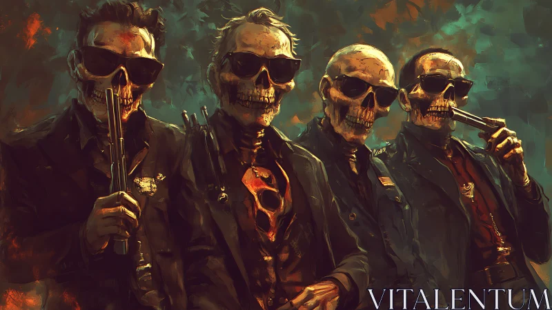 Skeletal mob enforcers in suits with pistols and shotguns poised.