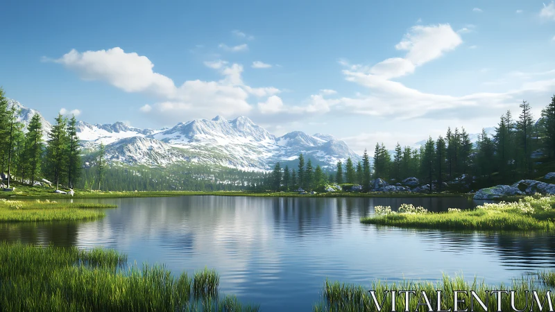Calm mountain lake with snowy peaks and green forest.