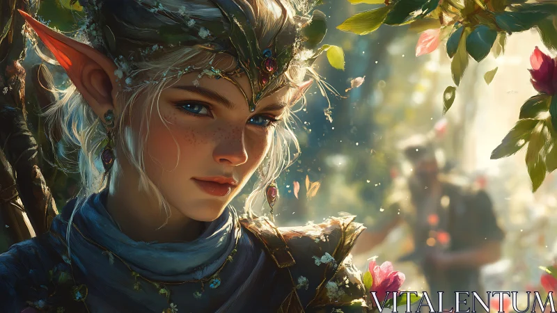 Gentle elf guardian in a sunlit forest of soft blossoms.