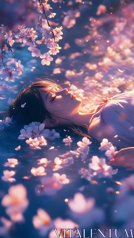 Sleeping girl drifts in glowing cherry blossom water dream