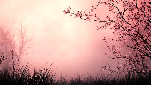 Pink cherry blossom branches over misty spring meadow.