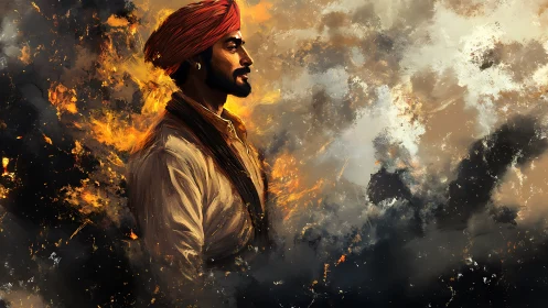 Fiery portrait celebrates a calm hero framed by stormy light