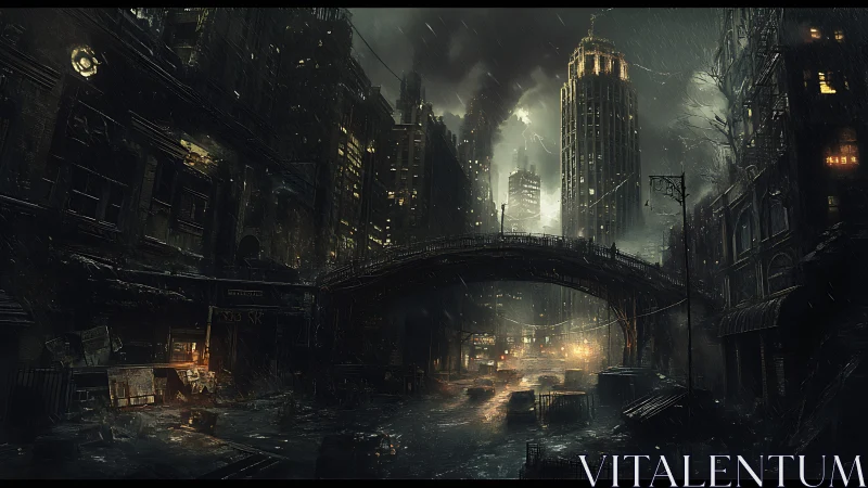 Rain-soaked cyber-noir overpass bisects decayed high-rise canyon